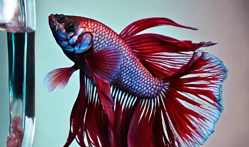 This image shows a red and blue betta fish with long fins swimming in vertical death hang.