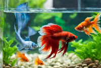 This image shows a group of colorful Betta Fish and Goldfish swimming in a large aquarium. They appear to be swimming happily in the aquarium, which is filled with water and decorated with rocks and plants. The aquarium is well lit, and the water is clear and clean.